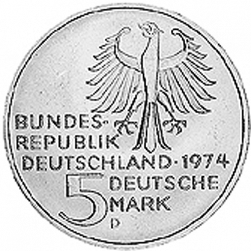 5 Mark Obverse Image minted in GERMANY in 1974D (1949-01 - Federal Republic - Commemorative)  - The Coin Database