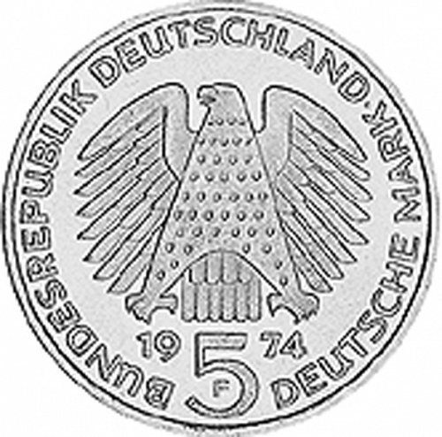 5 Mark Obverse Image minted in GERMANY in 1974F (1949-01 - Federal Republic - Commemorative)  - The Coin Database