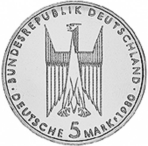 5 Mark Obverse Image minted in GERMANY in 1980F (1949-01 - Federal Republic - Commemorative)  - The Coin Database