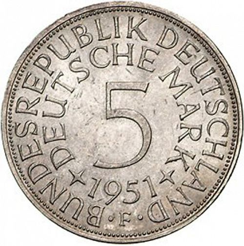 5 Mark Reverse Image minted in GERMANY in 1951F (1949-01 - Federal Republic)  - The Coin Database