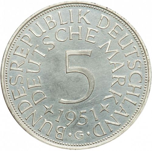5 Mark Reverse Image minted in GERMANY in 1951G (1949-01 - Federal Republic)  - The Coin Database