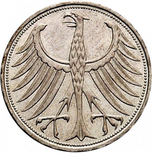 5 Mark Reverse Image minted in GERMANY in 1956J (1949-01 - Federal Republic)  - The Coin Database