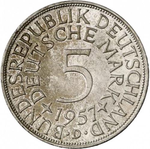 5 Mark Reverse Image minted in GERMANY in 1957D (1949-01 - Federal Republic)  - The Coin Database