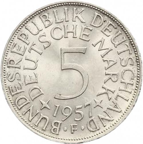 5 Mark Reverse Image minted in GERMANY in 1957F (1949-01 - Federal Republic)  - The Coin Database