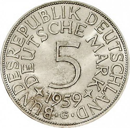 5 Mark Reverse Image minted in GERMANY in 1959G (1949-01 - Federal Republic)  - The Coin Database