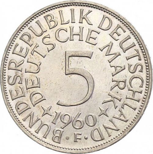 5 Mark Reverse Image minted in GERMANY in 1960F (1949-01 - Federal Republic)  - The Coin Database