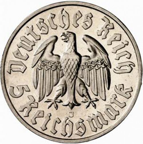 5 Reichsmark Obverse Image minted in GERMANY in 1933J (1933-45 - Thrid Reich)  - The Coin Database