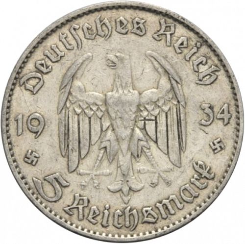 5 Reichsmark Obverse Image minted in GERMANY in 1934E (1933-45 - Thrid Reich)  - The Coin Database