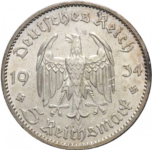 5 Reichsmark Obverse Image minted in GERMANY in 1934E (1933-45 - Thrid Reich)  - The Coin Database