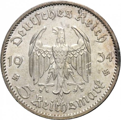 5 Reichsmark Obverse Image minted in GERMANY in 1934F (1933-45 - Thrid Reich)  - The Coin Database