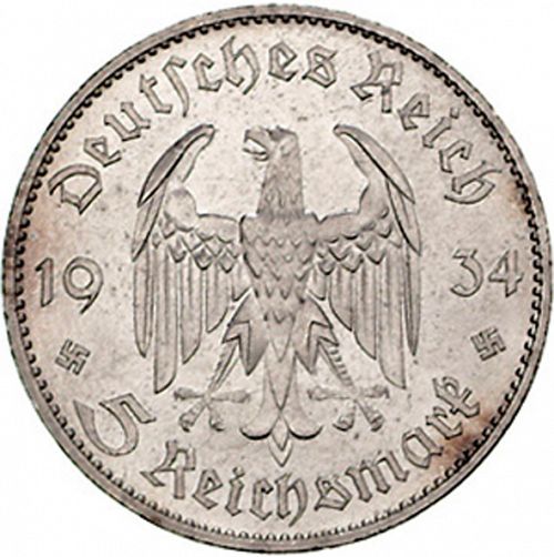 5 Reichsmark Obverse Image minted in GERMANY in 1934G (1933-45 - Thrid Reich)  - The Coin Database