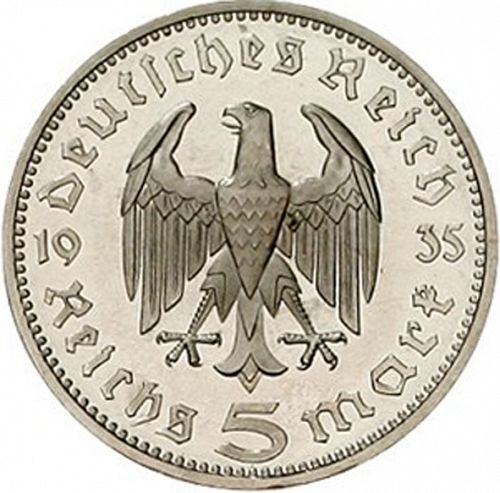 5 Reichsmark Obverse Image minted in GERMANY in 1935F (1933-45 - Thrid Reich)  - The Coin Database