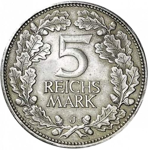 5 Reichsmark Obverse Image minted in GERMANY in 1925J (1924-38 - Weimar Republic - Reichsmark)  - The Coin Database