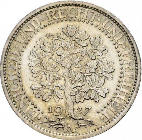 5 Reichsmark Obverse Image minted in GERMANY in 1927A (1924-38 - Weimar Republic - Reichsmark)  - The Coin Database