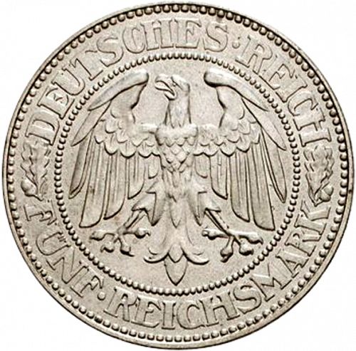 5 Reichsmark Obverse Image minted in GERMANY in 1927E (1924-38 - Weimar Republic - Reichsmark)  - The Coin Database
