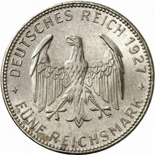 5 Reichsmark Obverse Image minted in GERMANY in 1927F (1924-38 - Weimar Republic - Reichsmark)  - The Coin Database