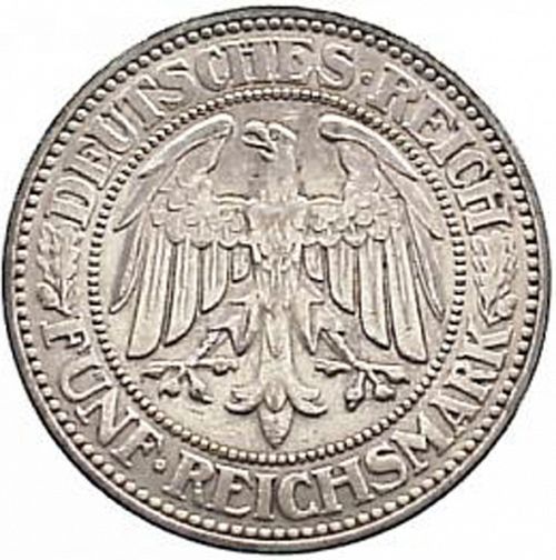 5 Reichsmark Obverse Image minted in GERMANY in 1927J (1924-38 - Weimar Republic - Reichsmark)  - The Coin Database