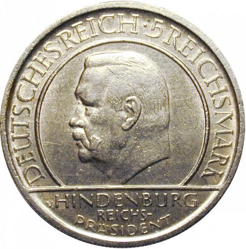 5 Reichsmark Obverse Image minted in GERMANY in 1929D (1924-38 - Weimar Republic - Reichsmark)  - The Coin Database