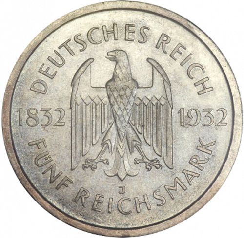 5 Reichsmark Obverse Image minted in GERMANY in 1932J (1924-38 - Weimar Republic - Reichsmark)  - The Coin Database