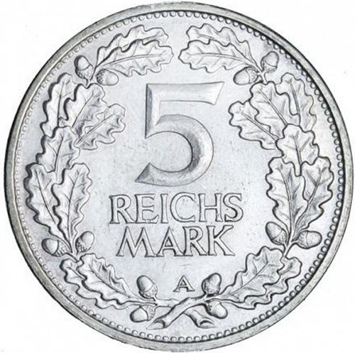 5 Reichsmark Reverse Image minted in GERMANY in 1925A (1924-38 - Weimar Republic - Reichsmark)  - The Coin Database