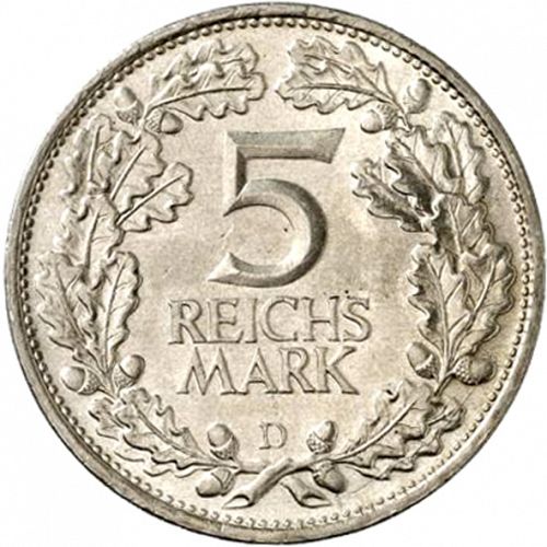 5 Reichsmark Reverse Image minted in GERMANY in 1925D (1924-38 - Weimar Republic - Reichsmark)  - The Coin Database