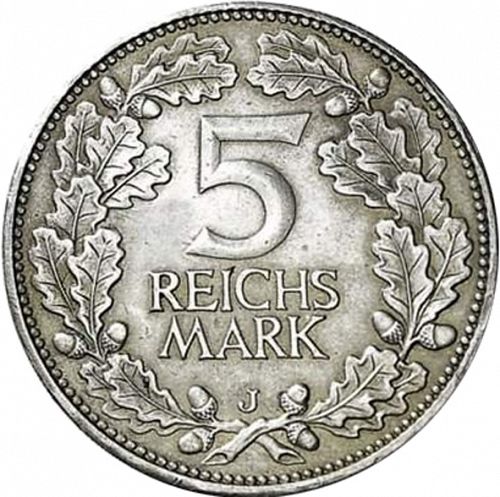 5 Reichsmark Reverse Image minted in GERMANY in 1925J (1924-38 - Weimar Republic - Reichsmark)  - The Coin Database