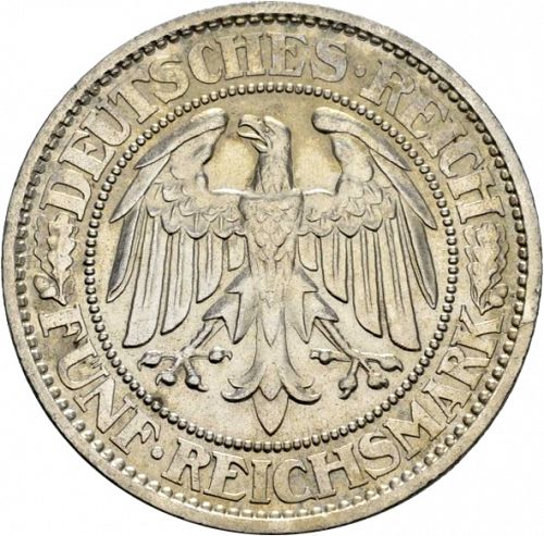 5 Reichsmark Reverse Image minted in GERMANY in 1927A (1924-38 - Weimar Republic - Reichsmark)  - The Coin Database