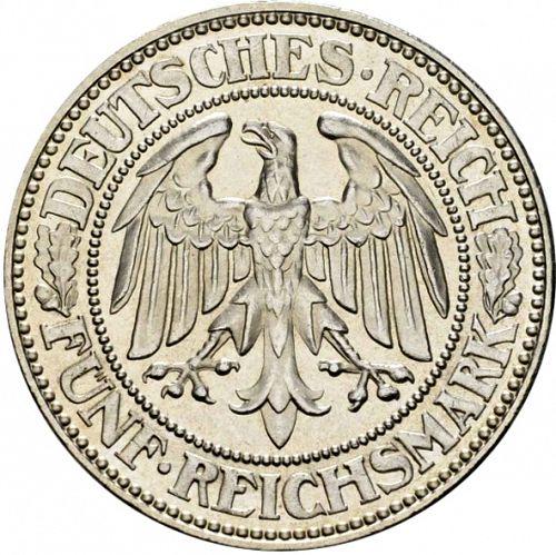 5 Reichsmark Reverse Image minted in GERMANY in 1927E (1924-38 - Weimar Republic - Reichsmark)  - The Coin Database