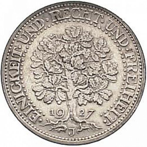 5 Reichsmark Reverse Image minted in GERMANY in 1927J (1924-38 - Weimar Republic - Reichsmark)  - The Coin Database