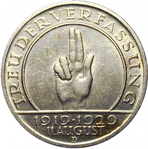 5 Reichsmark Reverse Image minted in GERMANY in 1929D (1924-38 - Weimar Republic - Reichsmark)  - The Coin Database