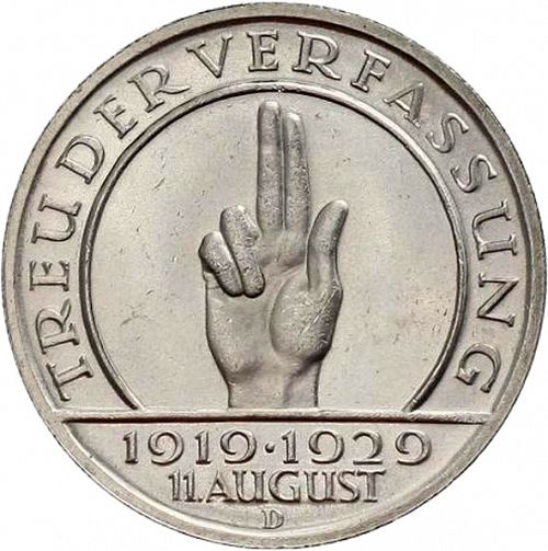5 Reichsmark Reverse Image minted in GERMANY in 1929D (1924-38 - Weimar Republic - Reichsmark)  - The Coin Database