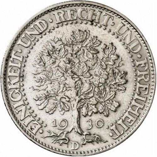 5 Reichsmark Reverse Image minted in GERMANY in 1930D (1924-38 - Weimar Republic - Reichsmark)  - The Coin Database