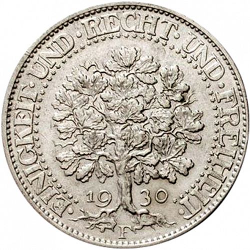5 Reichsmark Reverse Image minted in GERMANY in 1930F (1924-38 - Weimar Republic - Reichsmark)  - The Coin Database