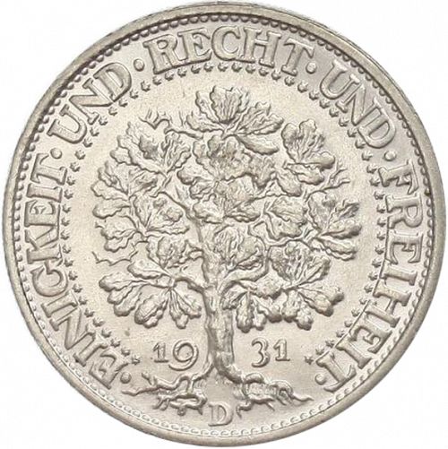 5 Reichsmark Reverse Image minted in GERMANY in 1931D (1924-38 - Weimar Republic - Reichsmark)  - The Coin Database