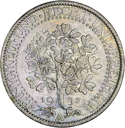5 Reichsmark Reverse Image minted in GERMANY in 1932A (1924-38 - Weimar Republic - Reichsmark)  - The Coin Database