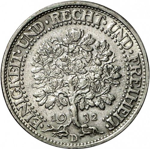 5 Reichsmark Reverse Image minted in GERMANY in 1932D (1924-38 - Weimar Republic - Reichsmark)  - The Coin Database