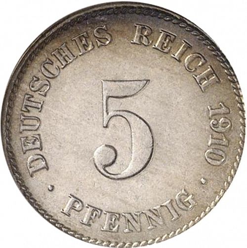 5 Pfenning Obverse Image minted in GERMANY in 1910J (1871-18 - Empire)  - The Coin Database