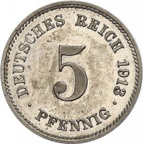 5 Pfenning Obverse Image minted in GERMANY in 1913G (1871-18 - Empire)  - The Coin Database