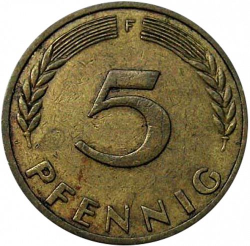 5 Pfennig Reverse Image minted in GERMANY in 1949F (1949-01 - Federal Republic)  - The Coin Database