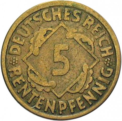 5 Pfenning Obverse Image minted in GERMANY in 1924G (1923-29 - Weimar Republic - Rentenmark)  - The Coin Database