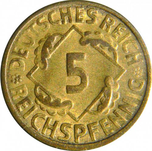 5 Pfenning Obverse Image minted in GERMANY in 1924J (1924-38 - Weimar Republic - Reichsmark)  - The Coin Database
