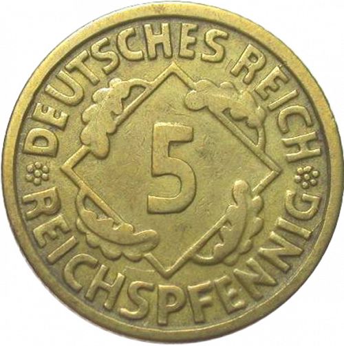 5 Pfenning Obverse Image minted in GERMANY in 1925F (1924-38 - Weimar Republic - Reichsmark)  - The Coin Database