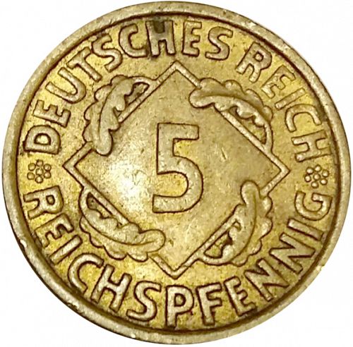 5 Pfenning Reverse Image minted in GERMANY in 1936A (1924-38 - Weimar Republic - Reichsmark)  - The Coin Database