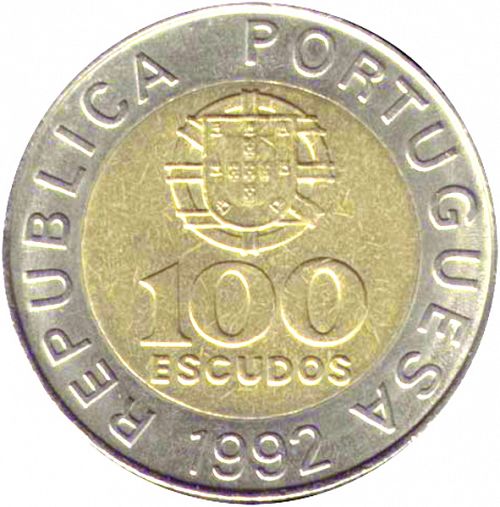 100 Escudos Obverse Image minted in PORTUGAL in 1992 (1986-01 - República <small> - New Design</small>)  - The Coin Database