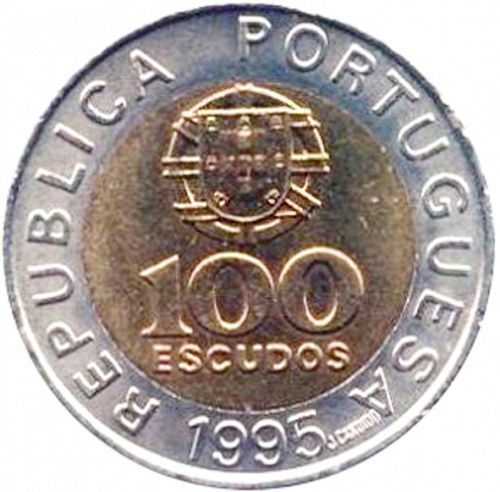 100 Escudos Obverse Image minted in PORTUGAL in 1995 (1986-01 - República <small> - New Design</small>)  - The Coin Database