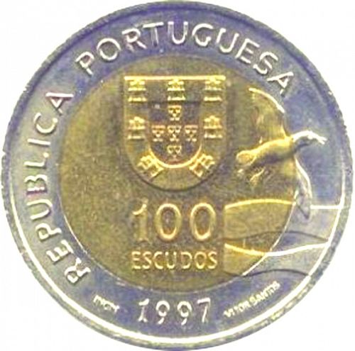 100 Escudos Obverse Image minted in PORTUGAL in 1997 (1986-01 - República <small> - New Design</small>)  - The Coin Database