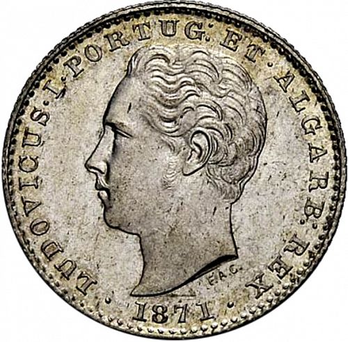 100 Réis ( Tostâo ) Obverse Image minted in PORTUGAL in 1871 (1861-89 - Luis I)  - The Coin Database