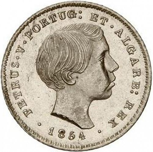 100 Réis ( Tostâo ) Obverse Image minted in PORTUGAL in 1854 (1853-61 - Pedro V)  - The Coin Database
