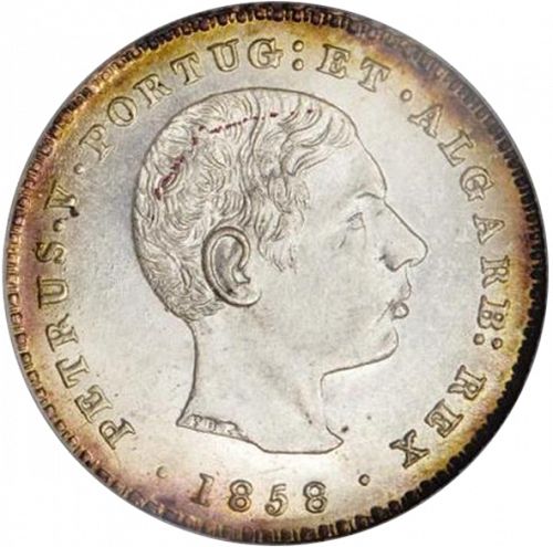 100 Réis ( Tostâo ) Obverse Image minted in PORTUGAL in 1858 (1853-61 - Pedro V)  - The Coin Database