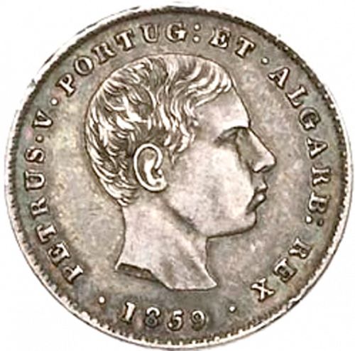 100 Réis ( Tostâo ) Obverse Image minted in PORTUGAL in 1859 (1853-61 - Pedro V)  - The Coin Database